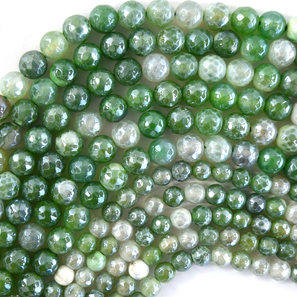 Mystic Titanium Faceted Green Fire Agate Round Beads 15" Strand 6mm 8mm 10mm