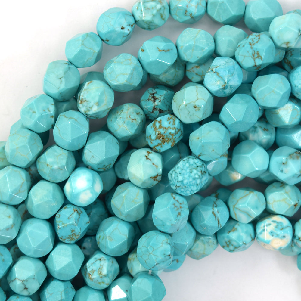 Star Cut Faceted Blue Turquoise Round Beads 15" Diamond Cut 6mm 8mm 10mm