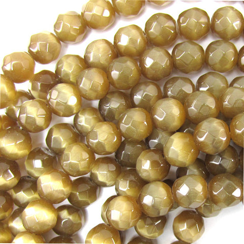 8mm faceted fiber optic cats eye round beads 14.5" strand light brown
