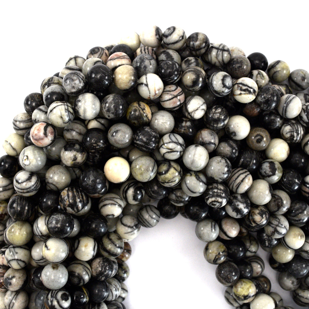 Natural Black Spider Web Jasper Round Beads 15" Strand Silk Stone 6mm 8mm 10mm