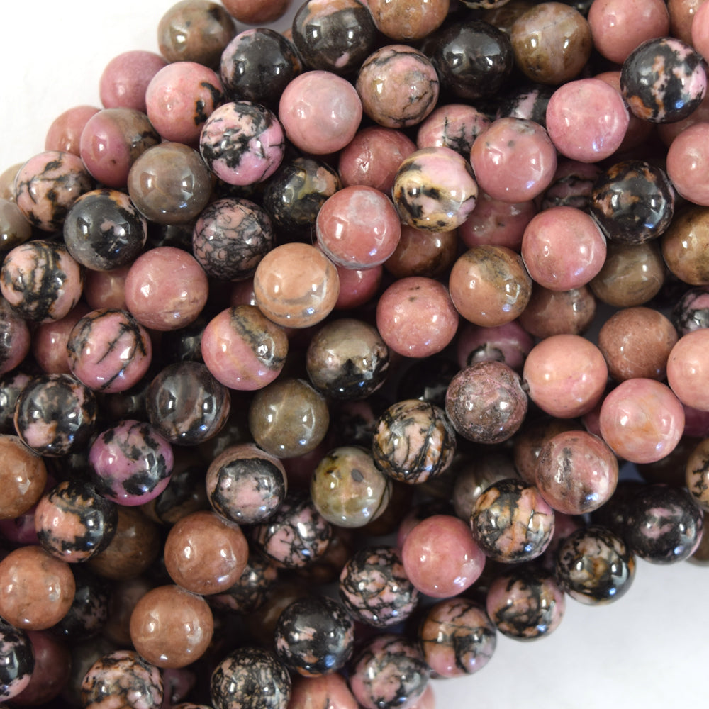 Natural Black Pink Rhodonite Round Beads 15" Strand 4mm 6mm 8mm 10mm
