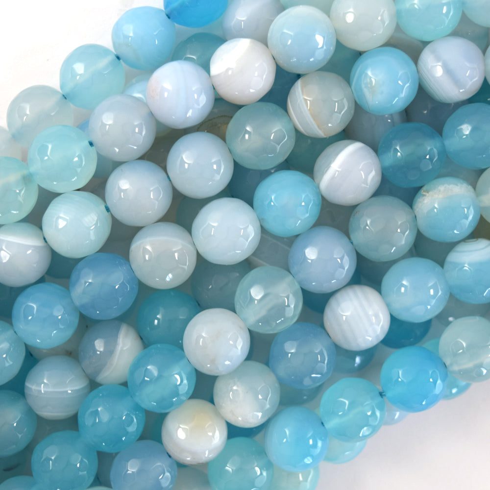 Faceted Sky Blue Stripe Agate Round Beads Gemstone 14.5" Strand 6mm 8mm 10mm