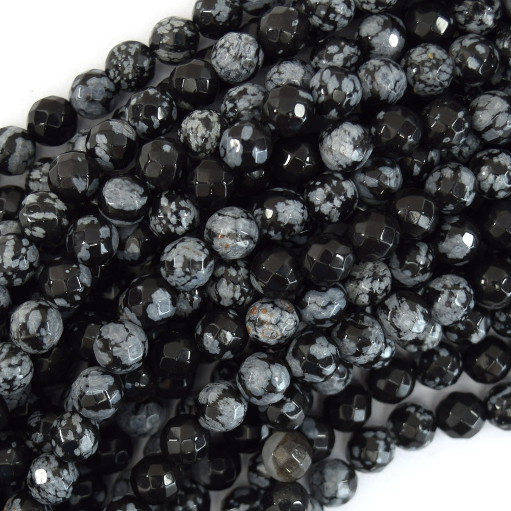 Natural Faceted Black Snowflake Obsidian Round Beads 15" Strand 6mm 8mm 10mm