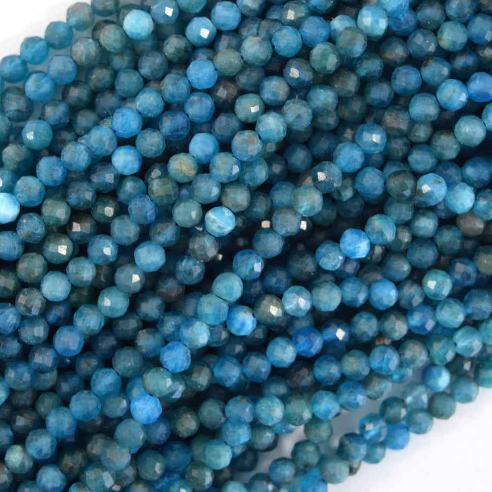 Natural Faceted Blue Apatite Round Beads 15.5" Strand 3mm 4mm