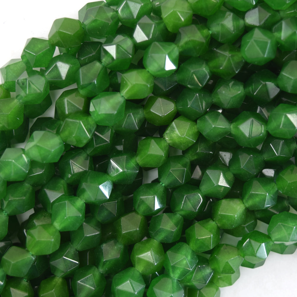 Star Cut Faceted Canada Green Jade Round Beads Gemstone 14" Strand 6mm 8mm 10mm