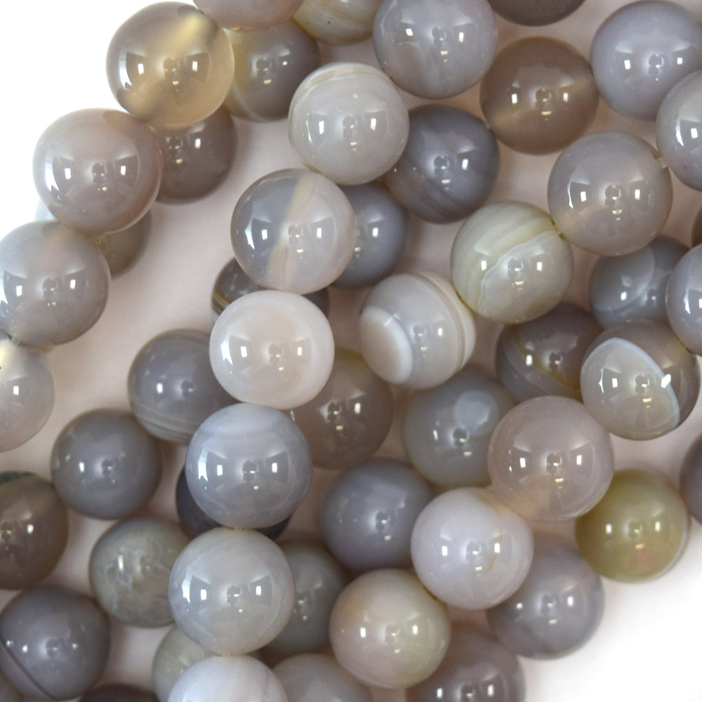 Natural Gray Stripe Agate Round Beads Gemstone 15" Strand 6mm 8mm 10mm 12mm