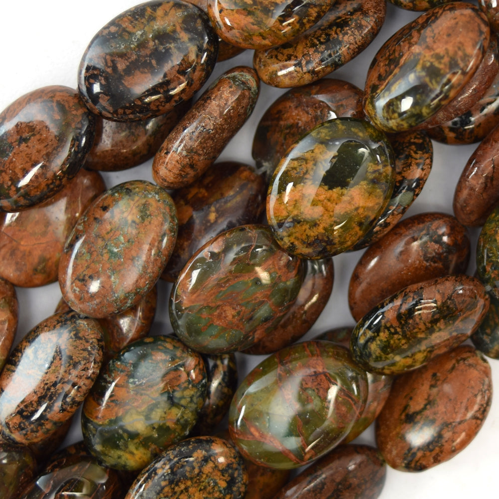 14mm brown green opal flat oval beads 16