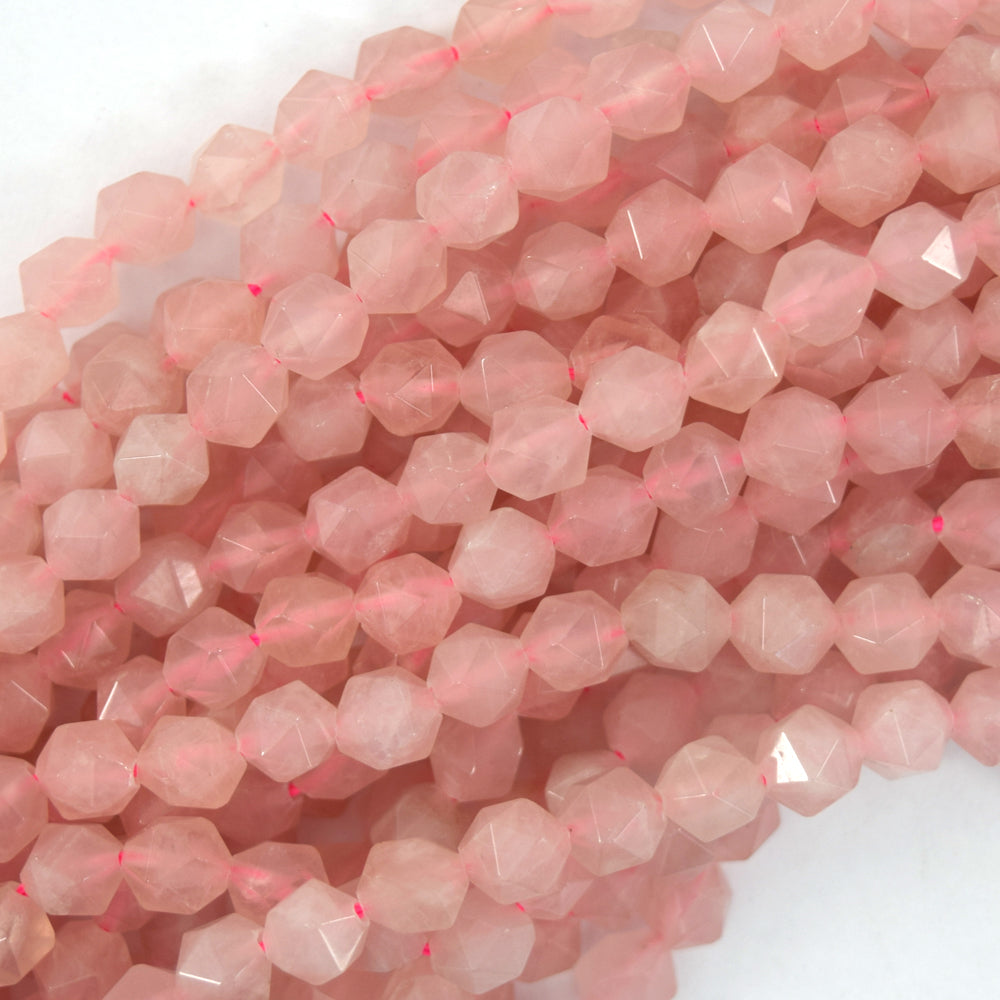 Star Cut Faceted Pink Rose Quartz Round Beads 14.5