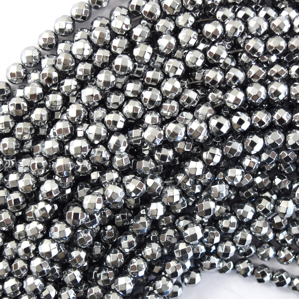 Faceted Silver Hematite Round Beads Gemstone 15.5" Strand 4mm 6mm 8mm