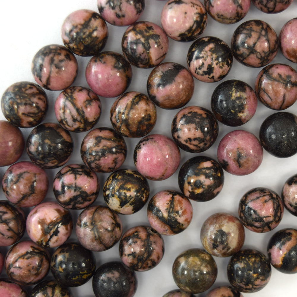 Natural Black Pink Rhodonite Round Beads 15" Strand 4mm 6mm 8mm 10mm