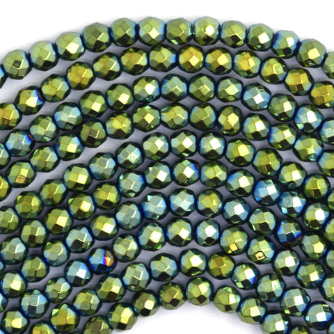 Faceted Pyrite Colored Hematite Round Beads 15.5" Strand 4mm 6mm 8mm