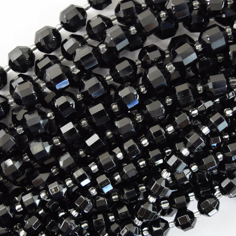 8mm matte black onyx round beads with rhinestone inlaid 15" strand