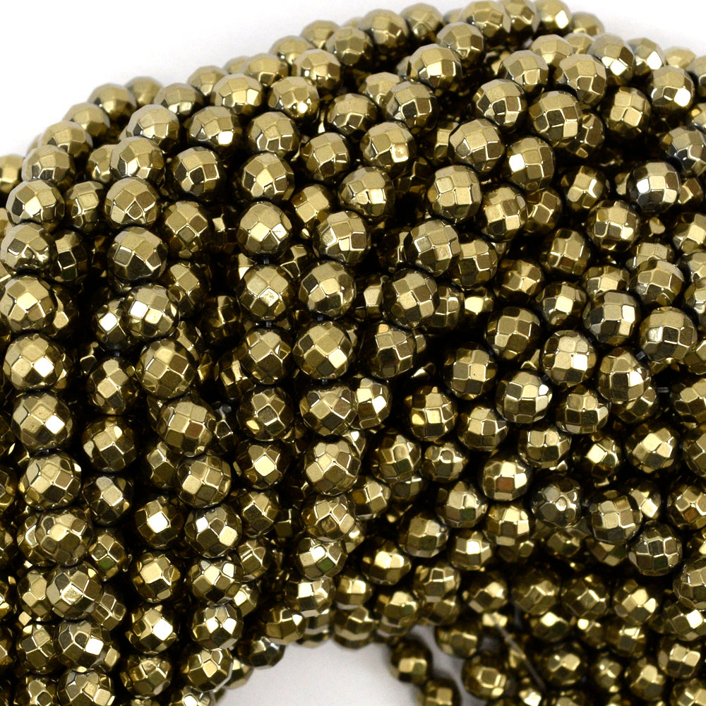 Faceted Pyrite Colored Hematite Round Beads 15.5" Strand 4mm 6mm 8mm