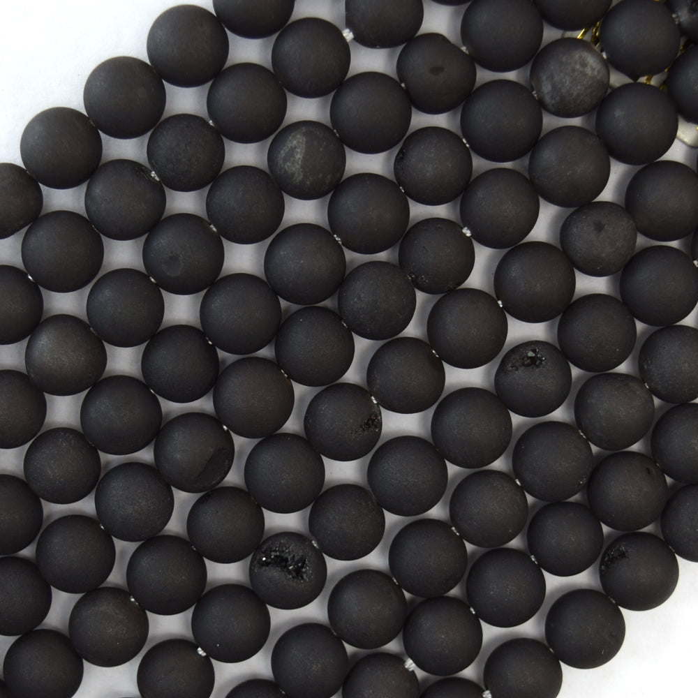 Matte Black Druzy Agate Round Gemstone Beads 15.5
