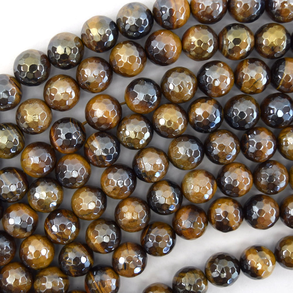 Mystic Titanium Faceted Tiger Eye Round Beads 15" Strand 6mm 8mm 10mm 12mm