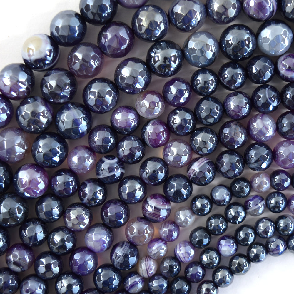 Mystic Titanium Faceted Purple Stripe Agate Round Beads 15" Strand 6mm 8mm 10mm