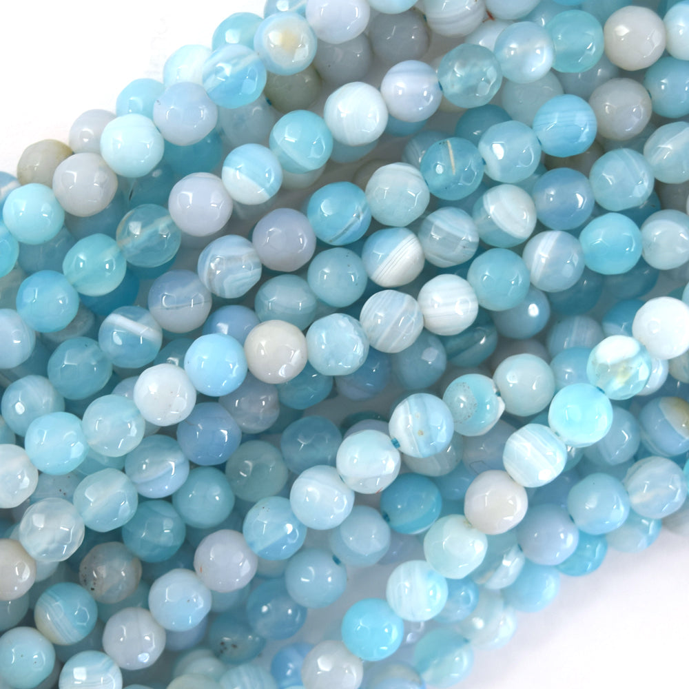 Faceted Sky Blue Stripe Agate Round Beads Gemstone 14.5