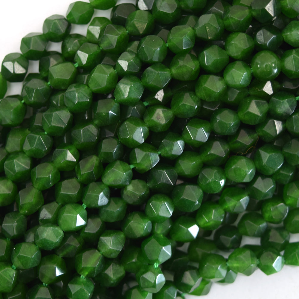 Star Cut Faceted Canada Green Jade Round Beads Gemstone 14" Strand 6mm 8mm 10mm