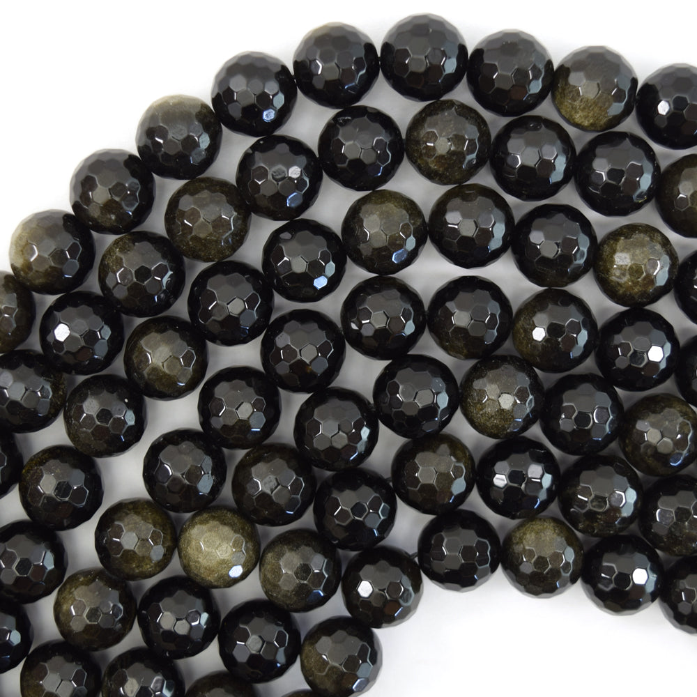 Natural Faceted Black Gold Obsidian Round Beads 15" Strand 3mm 4mm 6mm 8mm 10mm 12mm