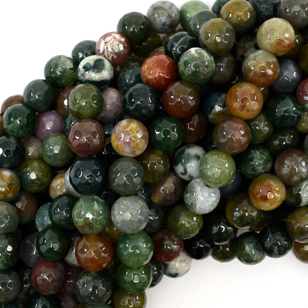 Natural Faceted Indian Agate Round Beads 15" Strand 3mm 6mm 8mm 10mm 12mm Fancy Jasper