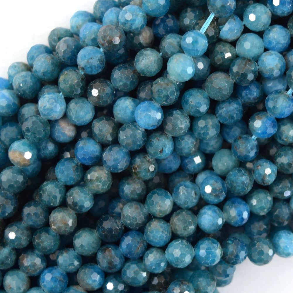 Natural Faceted Blue Apatite Round Beads 15.5" Strand 3mm 4mm