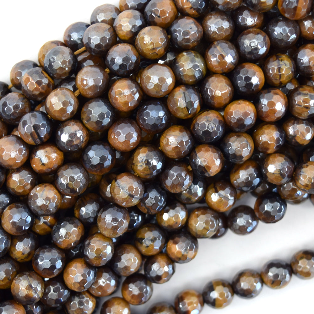 Mystic Titanium Faceted Tiger Eye Round Beads 15" Strand 6mm 8mm 10mm 12mm