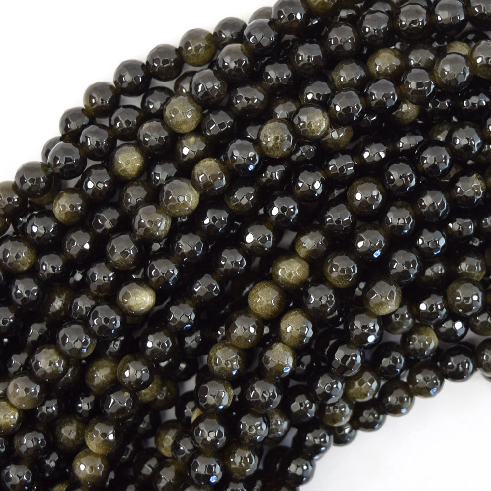Natural Faceted Black Gold Obsidian Round Beads 15" Strand 3mm 4mm 6mm 8mm 10mm 12mm