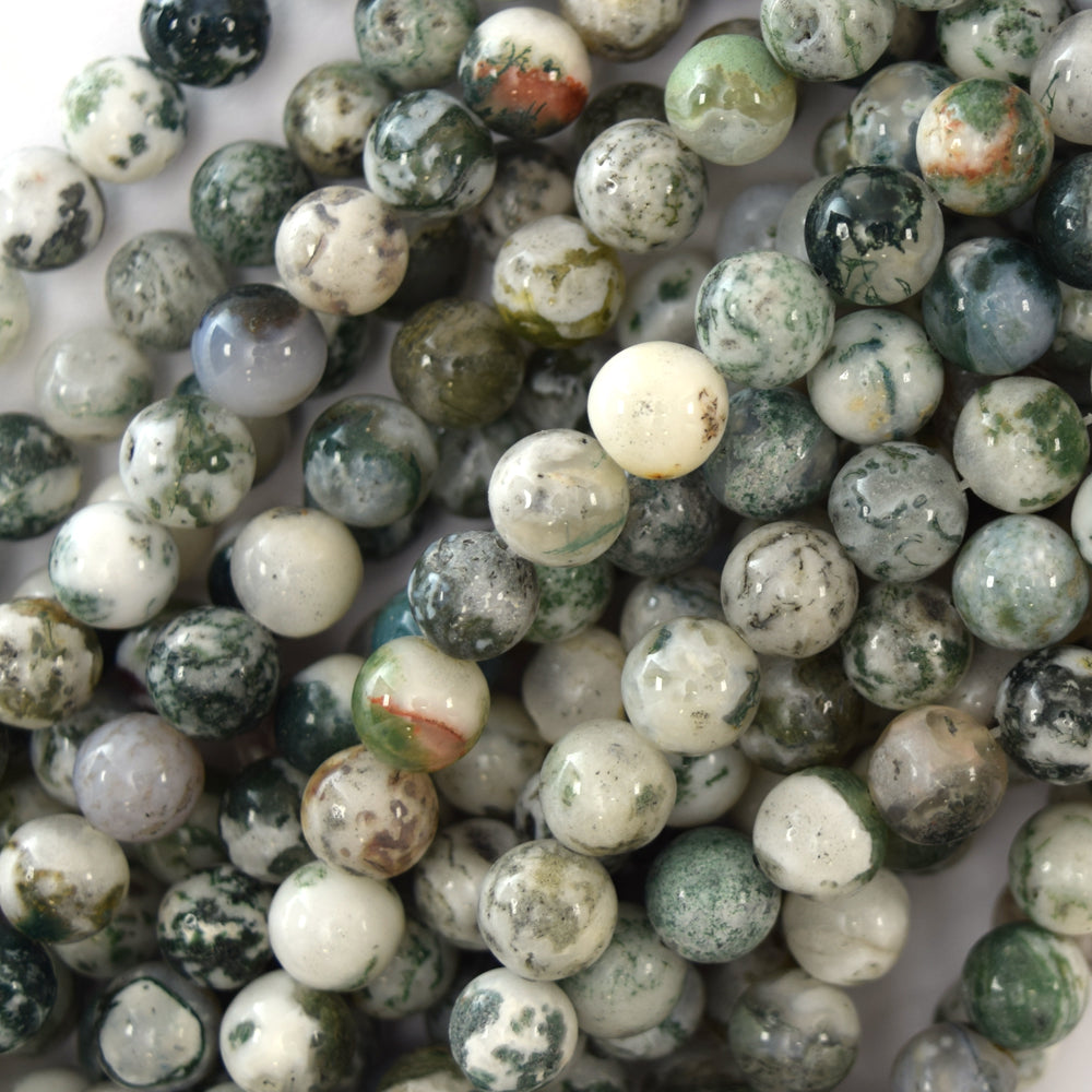 Natural Green White Tree Agate Round Beads Gemstone 15" Strand 4mm 6mm 8mm 10mm