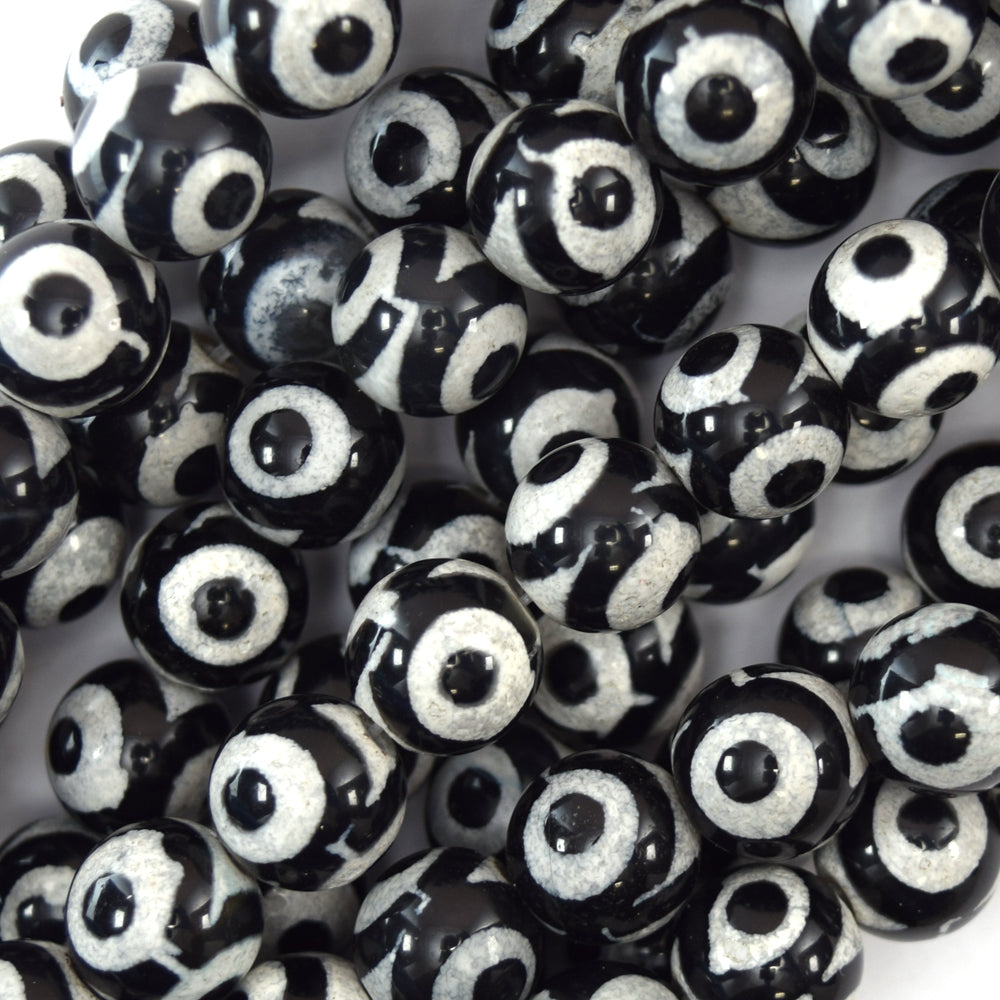 Black White Tibetan DZI Agate Round Beads 15" Strand 6mm 8mm 10mm Evil Eye