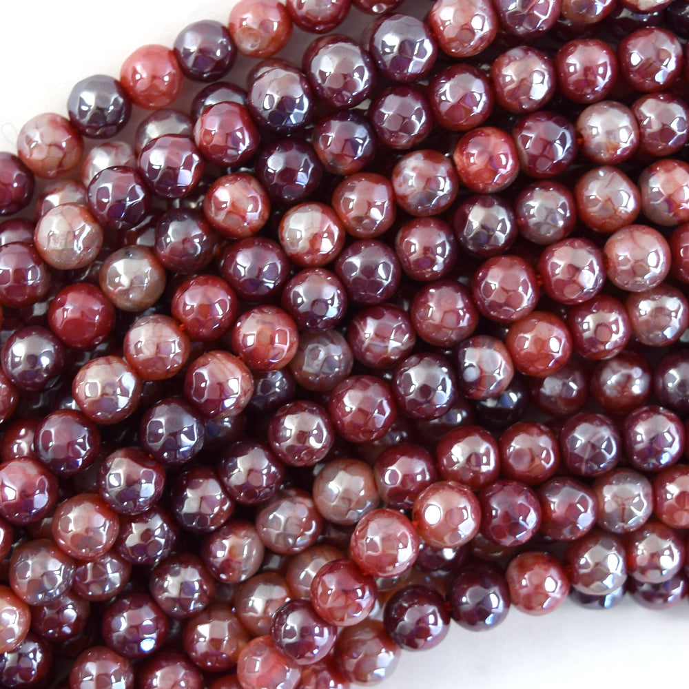 Mystic Titanium Faceted Red Fire Agate Round Beads 15" Strand 6mm 8mm 10mm