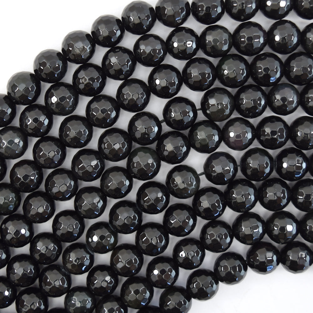 Natural Faceted Black Obsidian Round Beads 15" Strand 3mm 4mm 6mm 8mm 10mm 12mm