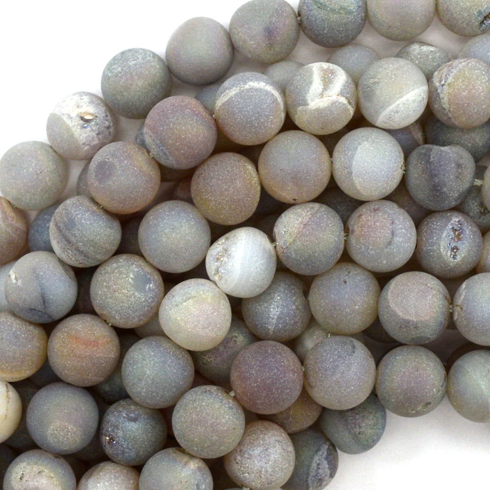 Natural Matte Gray Druzy Agate Round Beads Gemstone 15" Strand 6mm 8mm 10mm