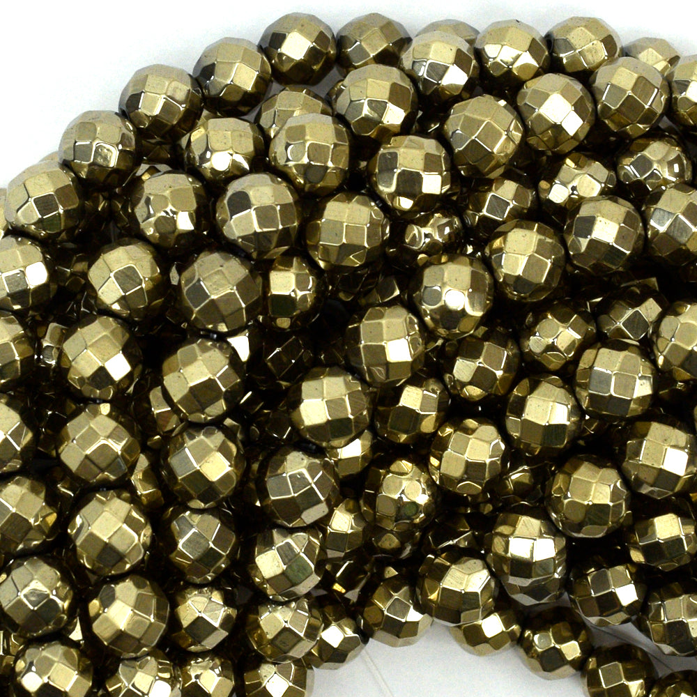 Faceted Pyrite Colored Hematite Round Beads 15.5" Strand 4mm 6mm 8mm