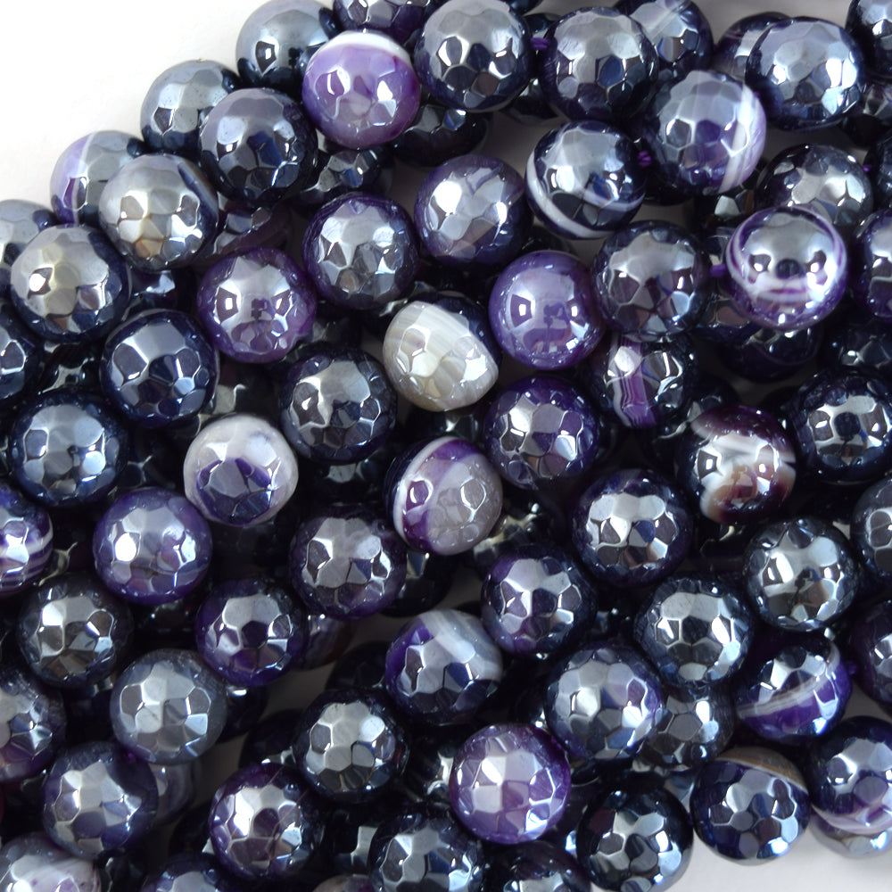 Mystic Titanium Faceted Purple Stripe Agate Round Beads 15" Strand 6mm 8mm 10mm