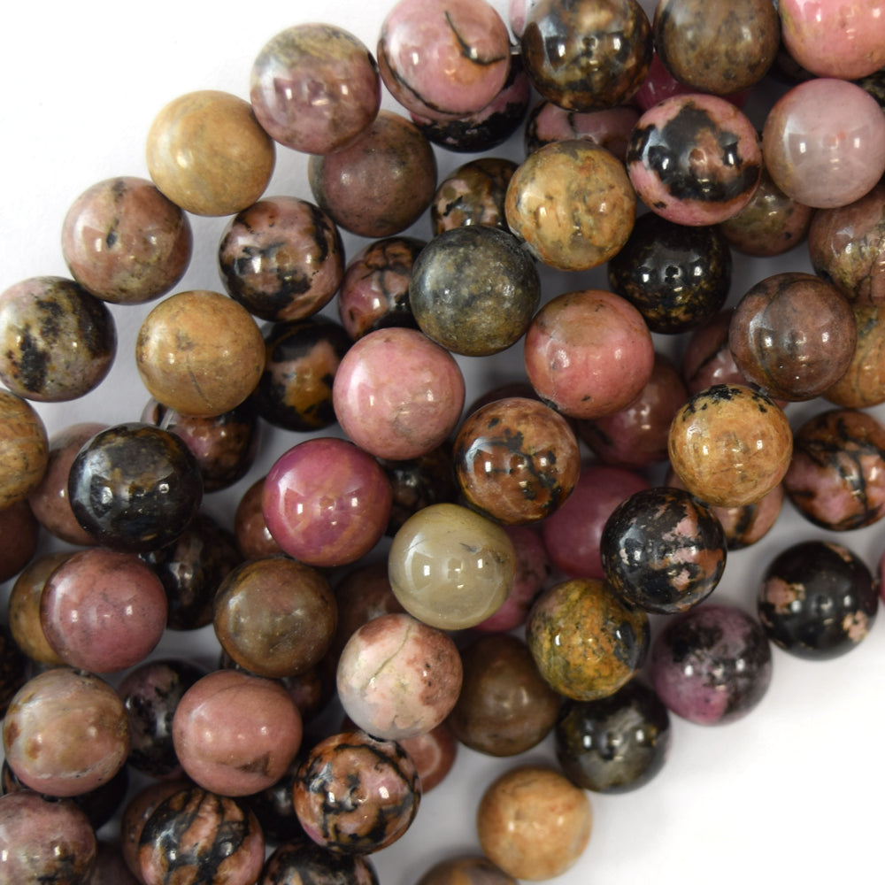 Natural Black Pink Rhodonite Round Beads 15" Strand 4mm 6mm 8mm 10mm