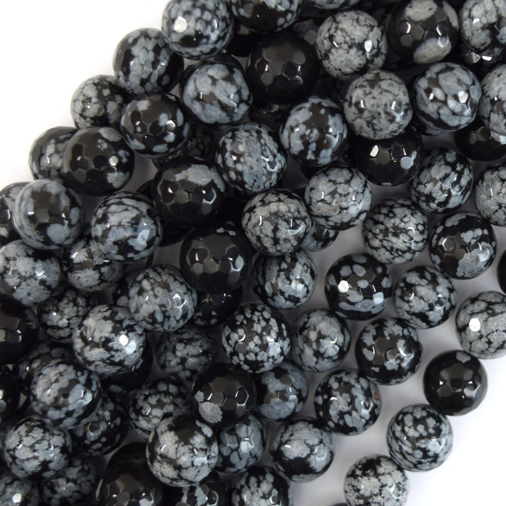 Natural Faceted Black Snowflake Obsidian Round Beads 15" Strand 6mm 8mm 10mm