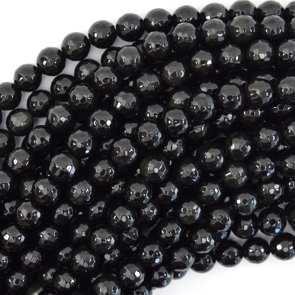 Natural Faceted Black Obsidian Round Beads 15" Strand 3mm 4mm 6mm 8mm 10mm 12mm