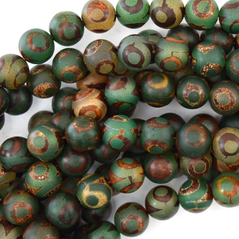 Matte Green Brown Tibetan DZI Agate Round Beads 15" 6mm 8mm 10mm Evil Eye
