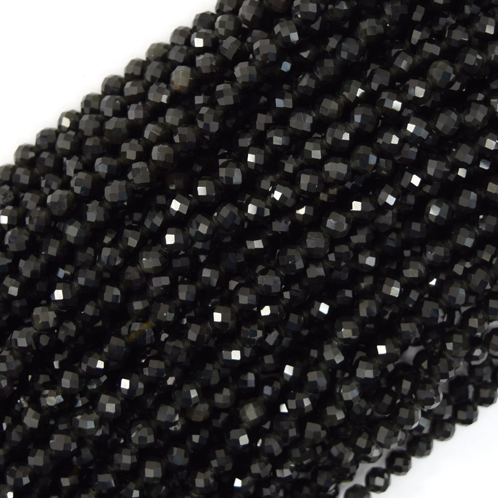 Natural Faceted Black Obsidian Round Beads 15" Strand 3mm 4mm 6mm 8mm 10mm 12mm