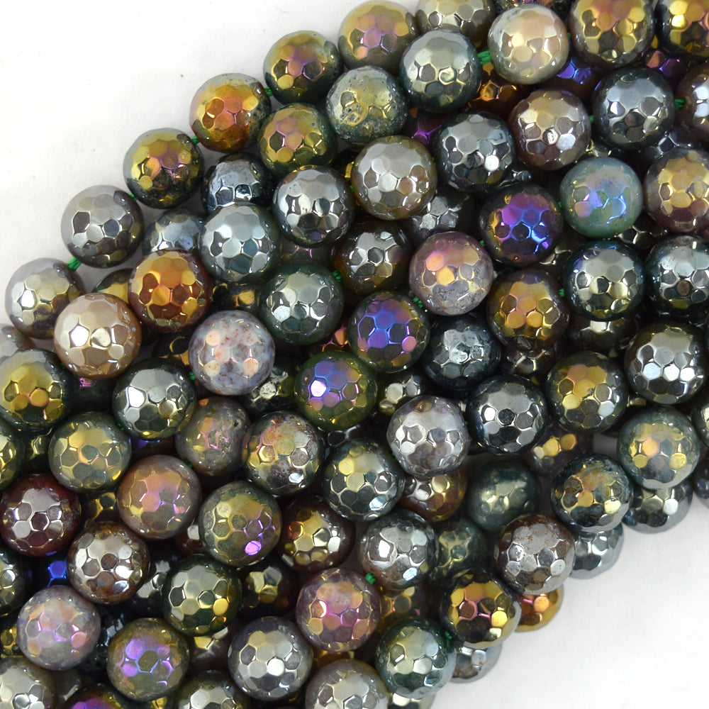 Mystic Titanium Faceted Indian Agate Round Beads 15" Strand 6mm 8mm 10mm