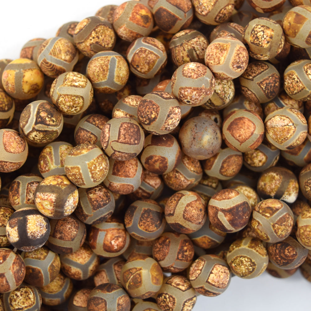 Matte Brown Tibetan DZI Agate Round Beads 15" Strand 6mm 8mm 10mm 12mm Football
