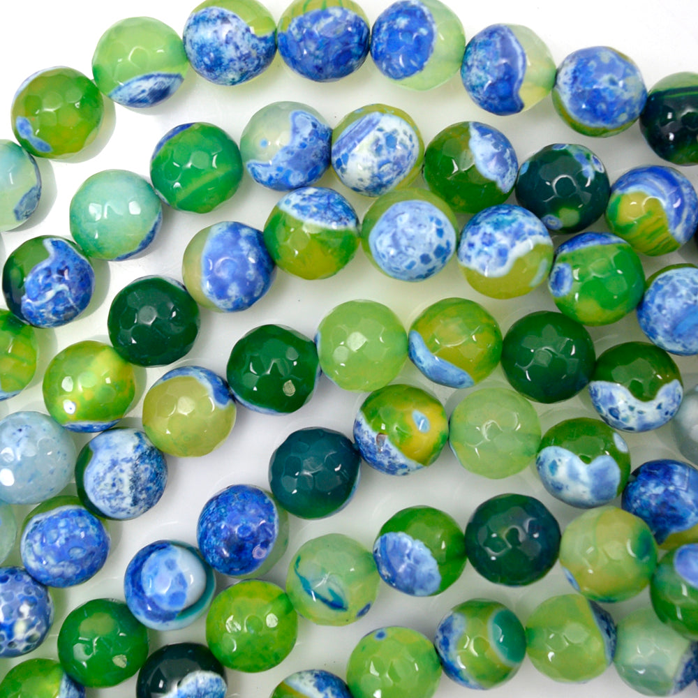 Faceted Blue Green Agate Round Beads Gemstone 15" Strand 6mm 8mm 10mm 12mm