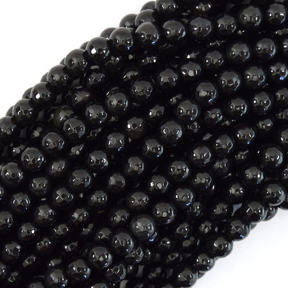 Natural Faceted Black Obsidian Round Beads 15