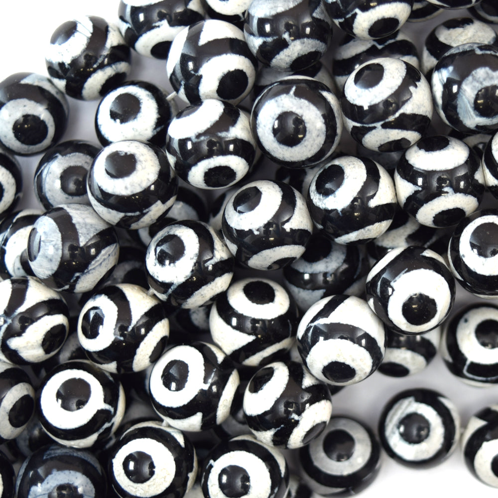 Black White Tibetan DZI Agate Round Beads 15" Strand 6mm 8mm 10mm Evil Eye
