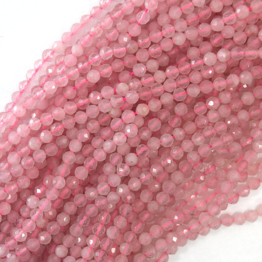 Natural Faceted Madagascar Pink Rose Quartz Round Beads 15.5" Strand 3mm 4mm