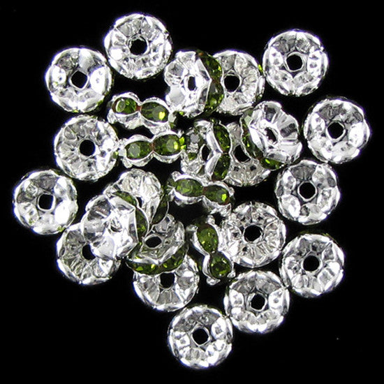 25 8mm silver plated rhinestone rondelle beads olivine findings
