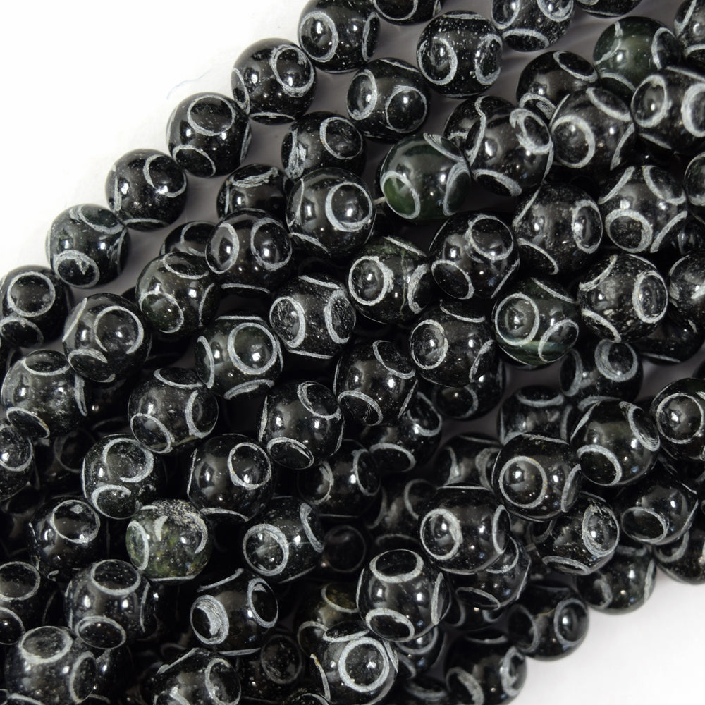 Natural Black Jade Carved Round Beads Gemstone 15" Strand 8mm 10mm