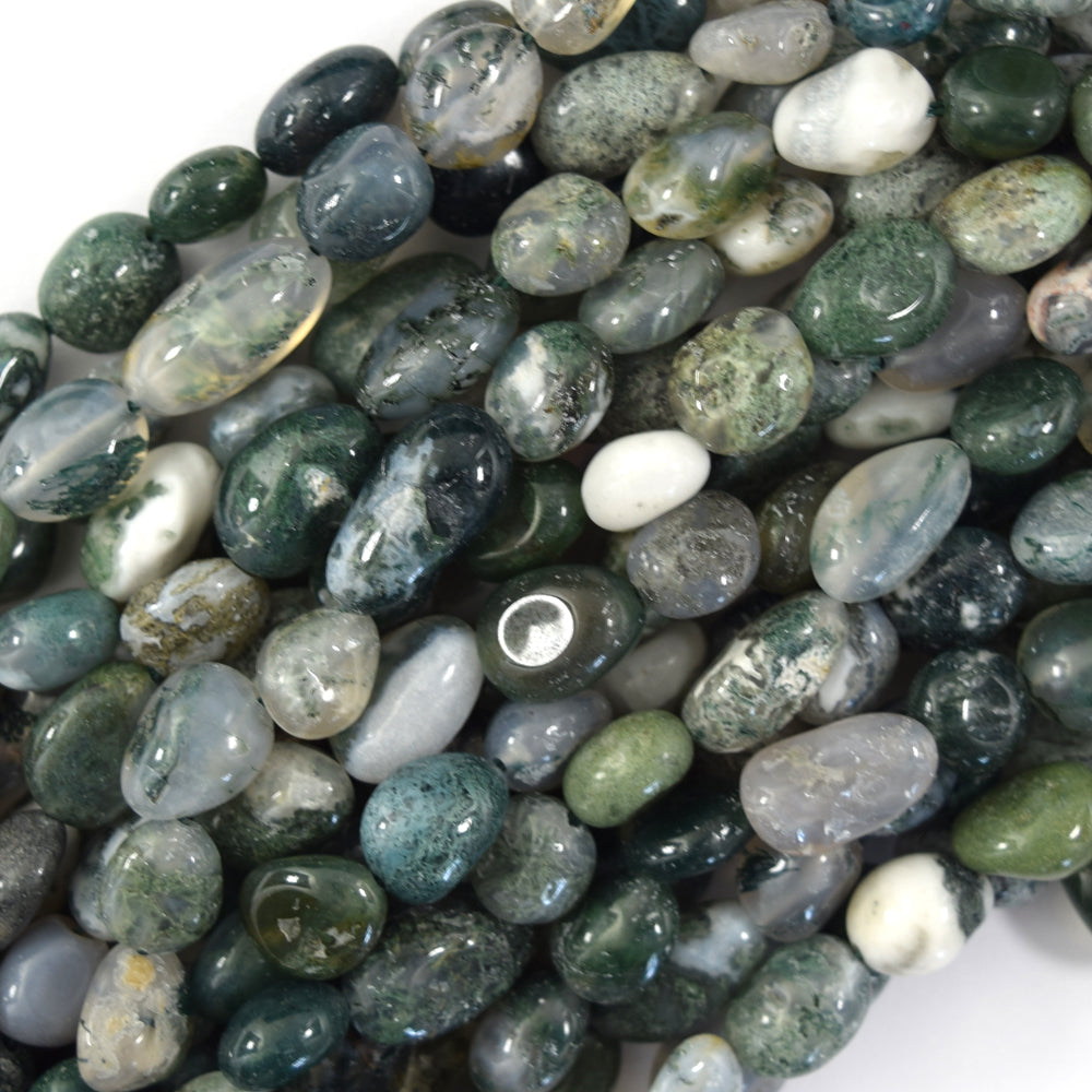 Natural Green Moss Agate Pebble Nugget Beads 15.5" Strand 6-8mm 8-10mm