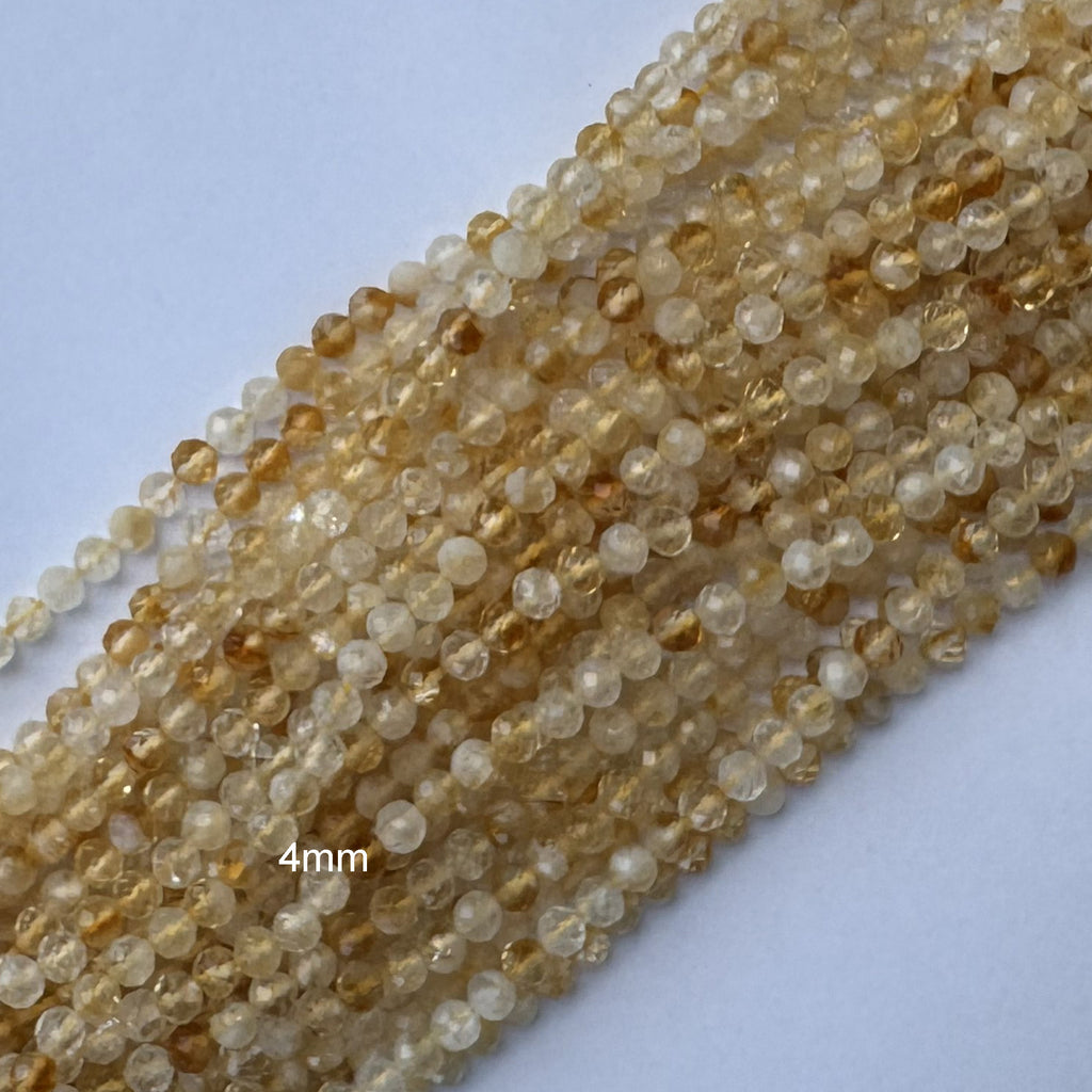 Natural Micro Faceted Yellow Citrine Round Beads Gemstone 15.5" Strand 3mm 4mm S3
