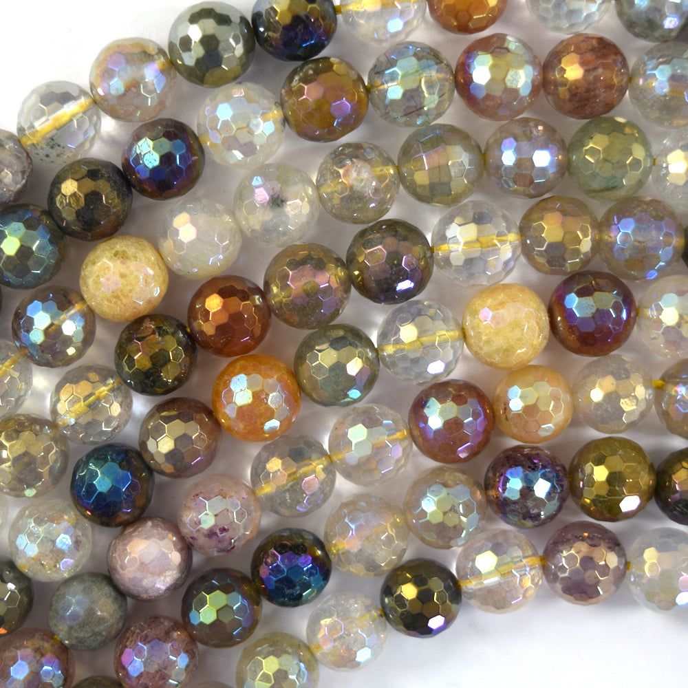 Mystic Titanium Natural Faceted Rutilated Quartz Round Beads 15" 6mm 8mm 10mm